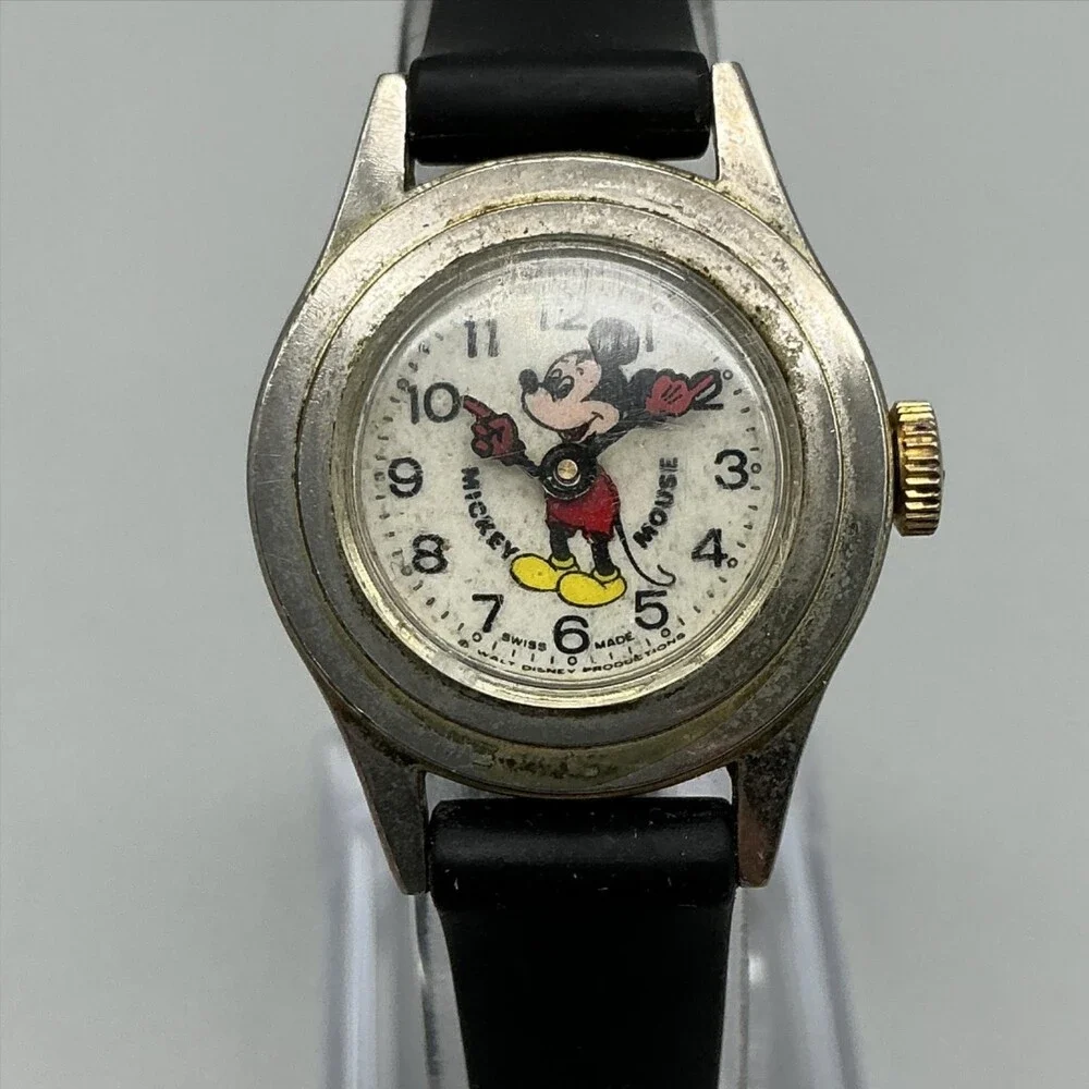 Vintage Bradley Boys Watch 26mm Mickey Mouse Swiss Manual Black Rubber Strap